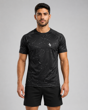 Men’s black marble performance T-shirt with small white logo