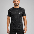 Men’s black marble performance T-shirt with small white logo